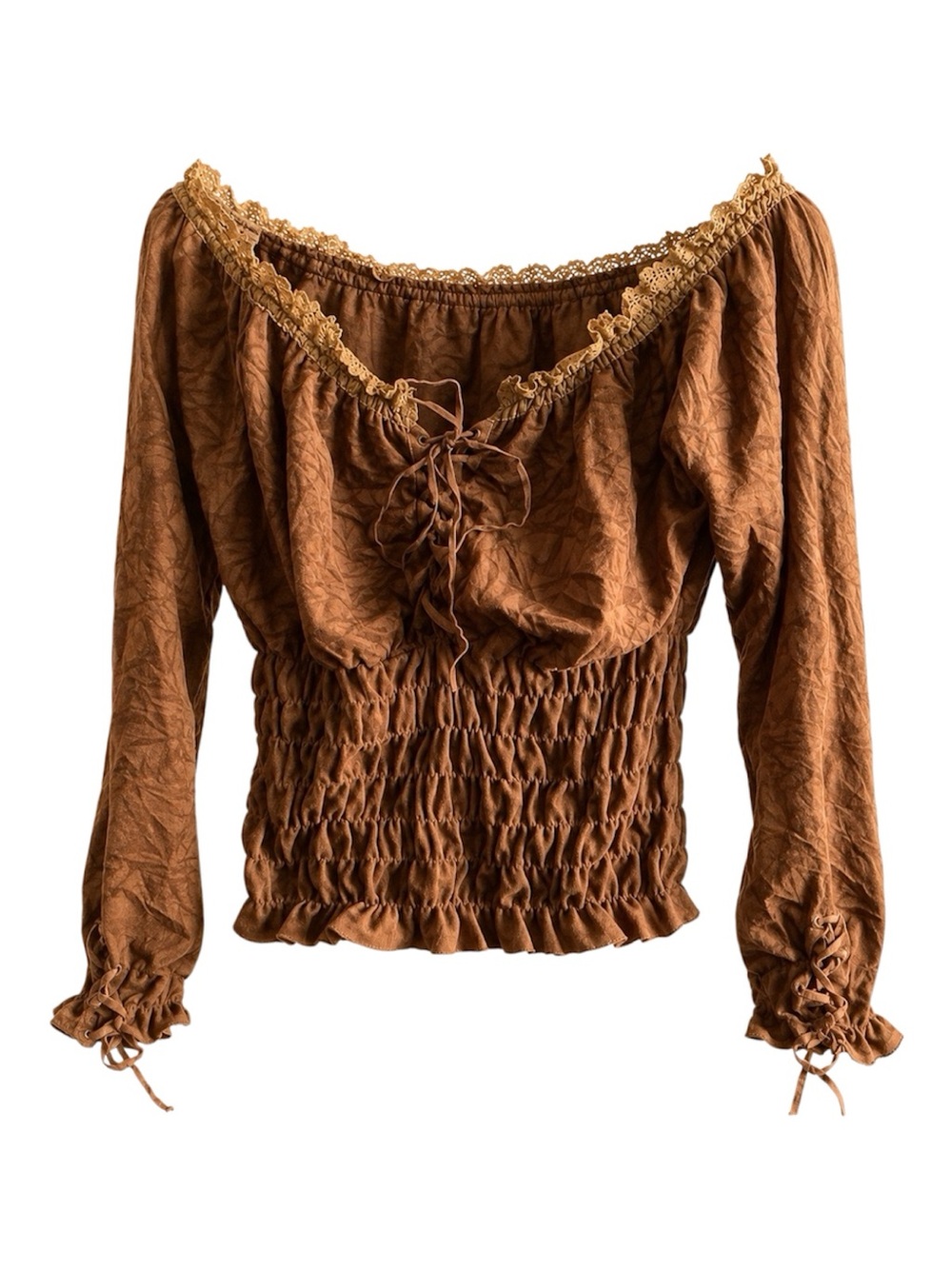 Vintage 90s Brown Lace-Up Smocked Peasant Blouse S